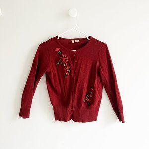 Wool Cardigan w/ Hand-embroidered floral decal